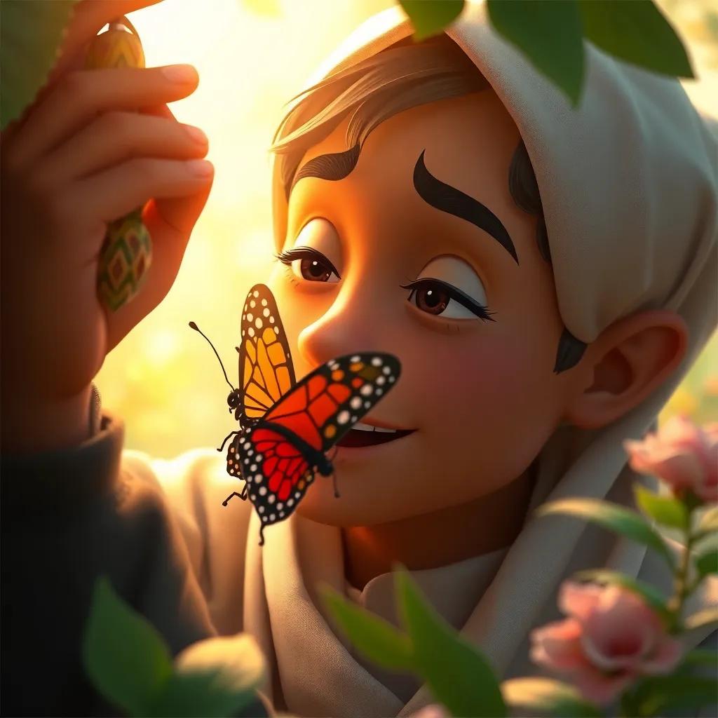 A close-up of Yahya cheering for the struggling butterfly emerging from the chrysalis, expressive emotions on his face, nature surrounding him, digital art, warm light, detailed and comforting scene