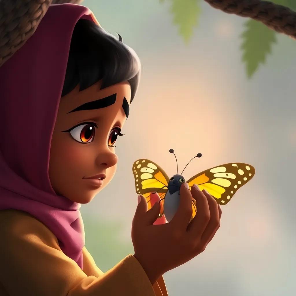 Yahya gently opening the chrysalis with a concerned look, the butterfly still struggling, a mix of emotions on his face, soft colors, heartwarming, storytelling view