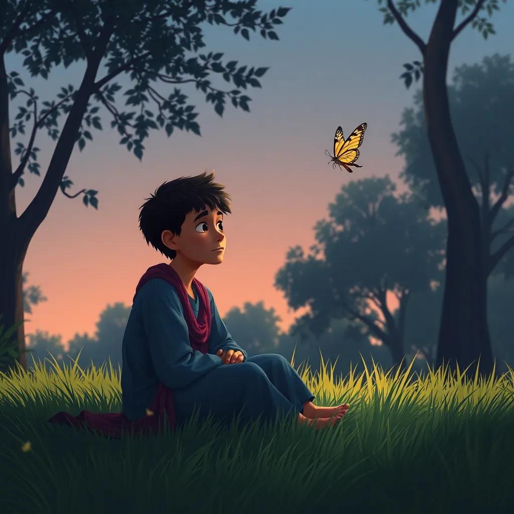 Yahya sitting on grass, looking sad as he watches the butterfly that can’t fly, a gentle breeze rustling the trees, calming atmosphere, deep colors, illustrative style