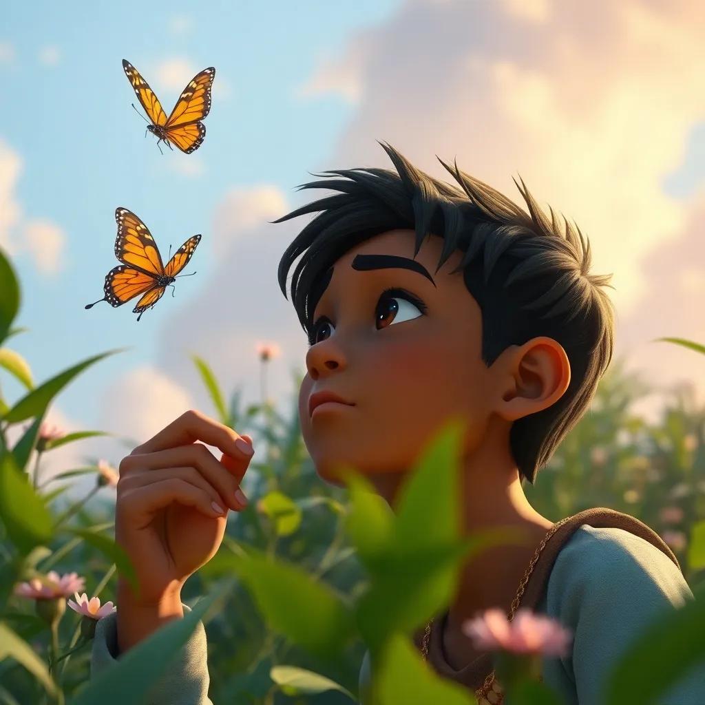 Yahya deep in thought, looking at the butterfly, expressions of realization on his face, nature around him, reflective and thoughtful art, serene sky