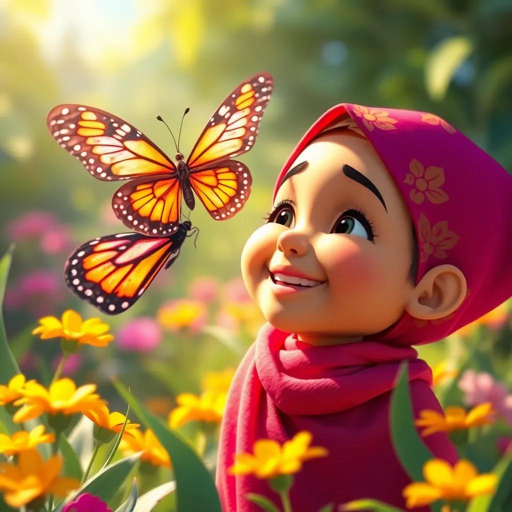 The butterfly moving its wings gently, Yahya watching with joy, bright colors in the garden, uplifting expression on Yahya’s face, vibrant and hopeful art style