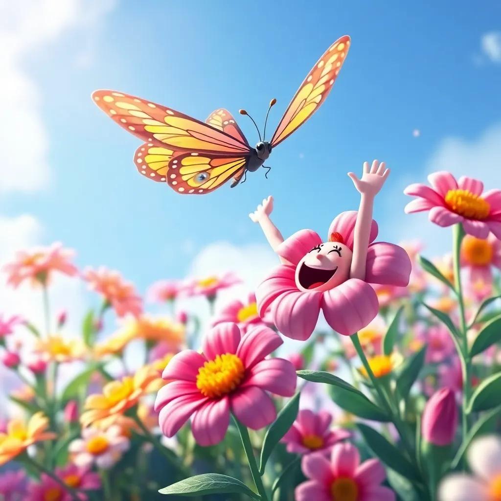 The butterfly soaring high above the flowers, Yahya cheering joyfully below, a scene of triumph and victory, colorful blooming flowers, animated and happy atmosphere, cheerful