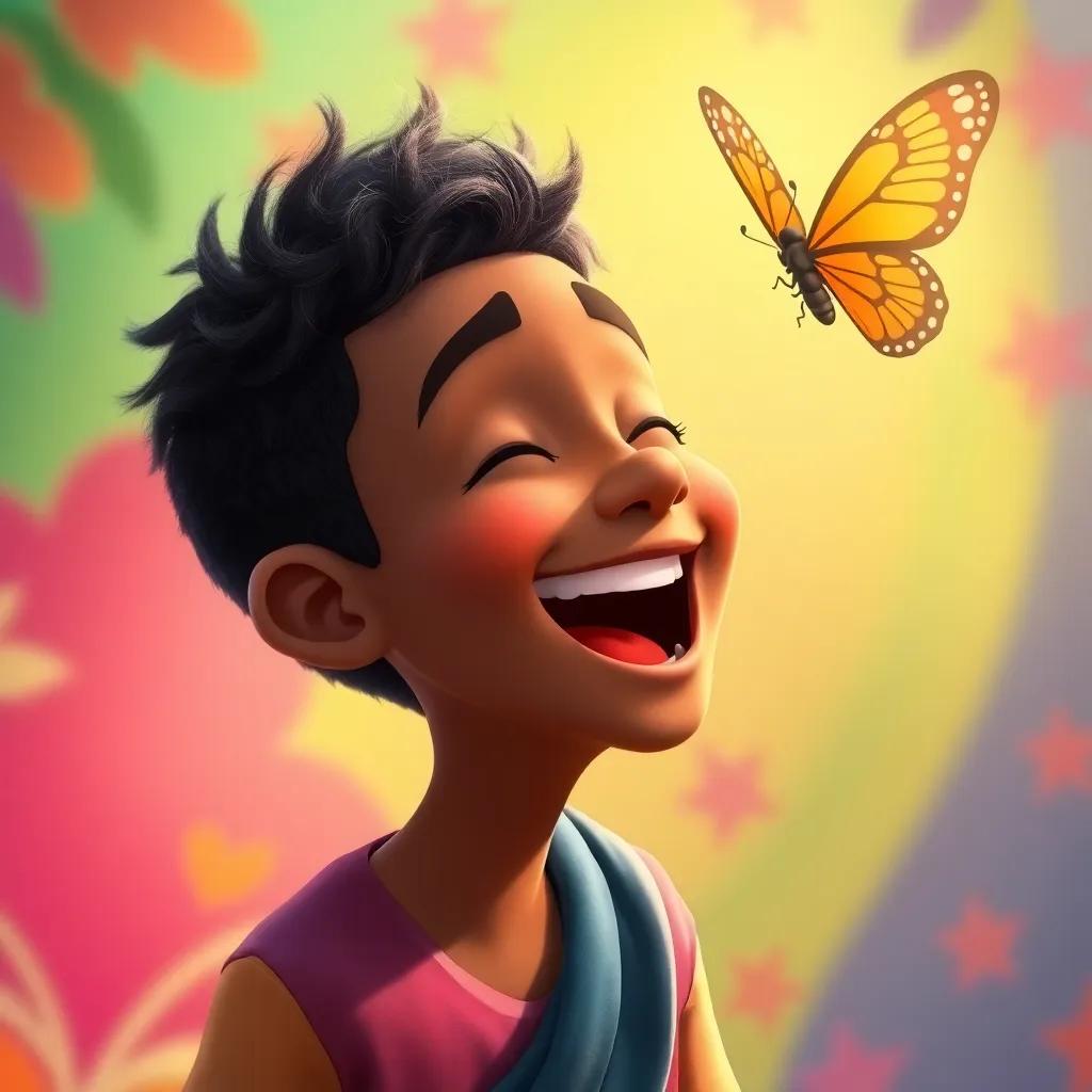 Yahya laughing with delight, a joyful expression as he watches the butterfly in flight, colorful and vibrant background, playful mood, lively illustration style