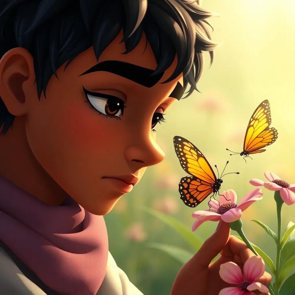 Yahya thinking deeply, a thoughtful look on his face, the butterfly resting on a nearby flower, an inspiring moment, lovely colors, comforting tone