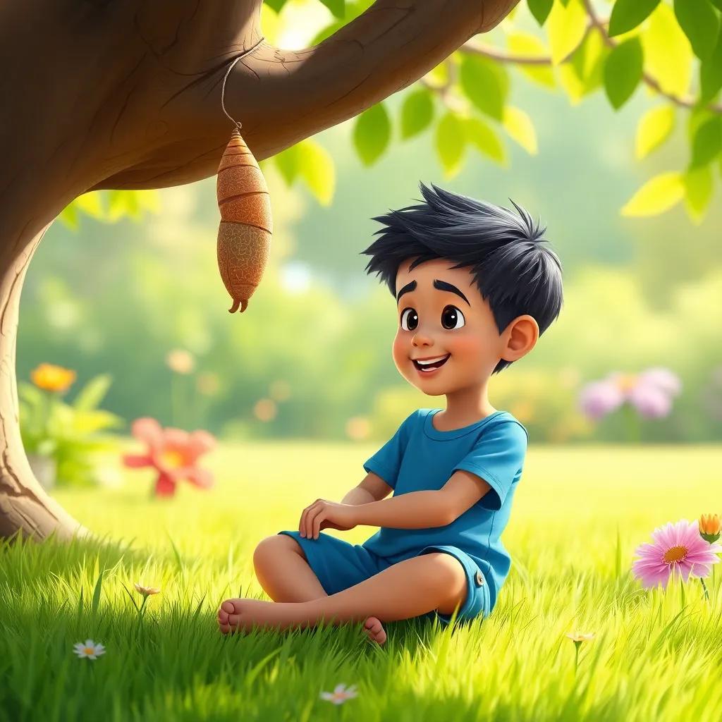 A young boy, Yahya, with short black hair, wearing a blue t-shirt and shorts, sitting cross-legged on green grass in a sunny garden, observing a cocoon hanging from a tree branch, cheerful atmosphere, vibrant colors, children-friendly, digital art, high quality