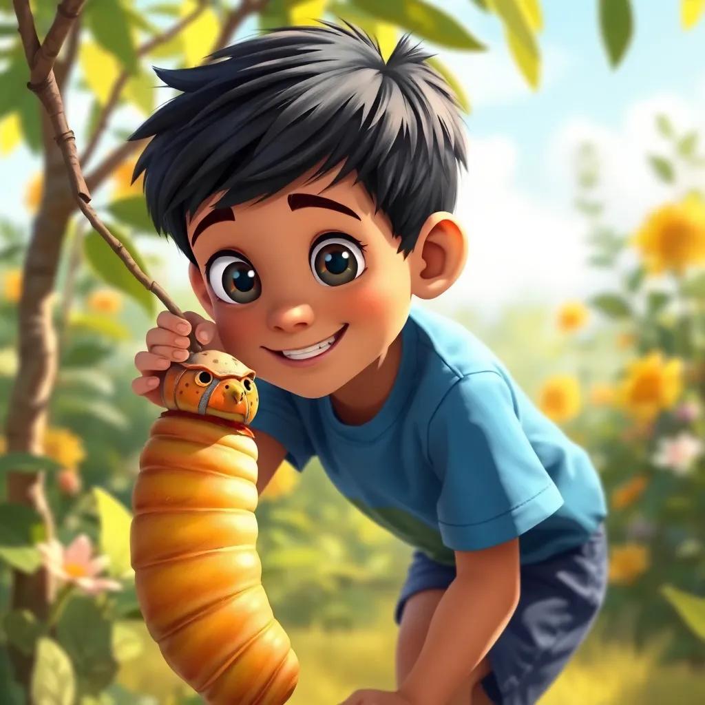 Yahya, a young boy with short black hair, wearing a blue t-shirt and shorts, with wide eyes and a smile, leaning closer to the cocoon with excitement in a sunny garden, cheerful, bright colors, enchanting view, digital painting, high quality