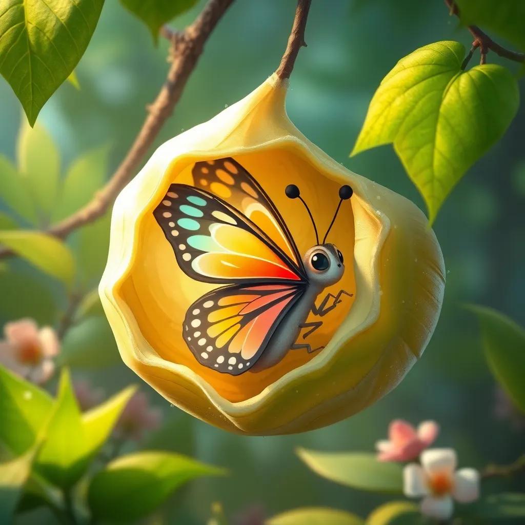 A young butterfly struggling to get out of a cocoon, with colorful, delicate wings inside, surrounded by green foliage, showing signs of struggle, hopeful atmosphere, storytelling view, detailed illustration, captivating art