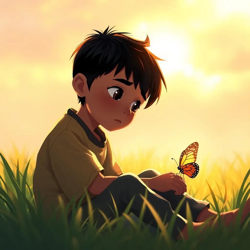 Yahya, a young boy with short black hair, looking sad while sitting on the grass, with the butterfly nearby, contemplating the beauty of the struggle, warm light, emotional atmosphere, heartfelt view, artistic illustration, high resolution