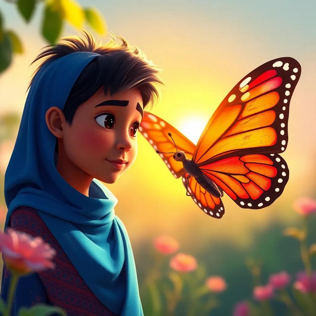 Yahya, with a determined expression, watching the butterfly slowly gaining strength, the sun shining on them as the butterfly's wings start to open, bright colors, inspiring scene, digital artwork, uplifting and hopeful