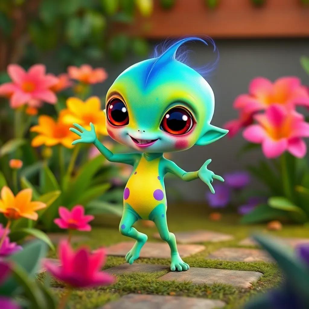 A colorful alien from the blue galaxy named Zuzu, dancing in a green garden, vibrant colors, joyful atmosphere, cartoon style, cheerful, high quality