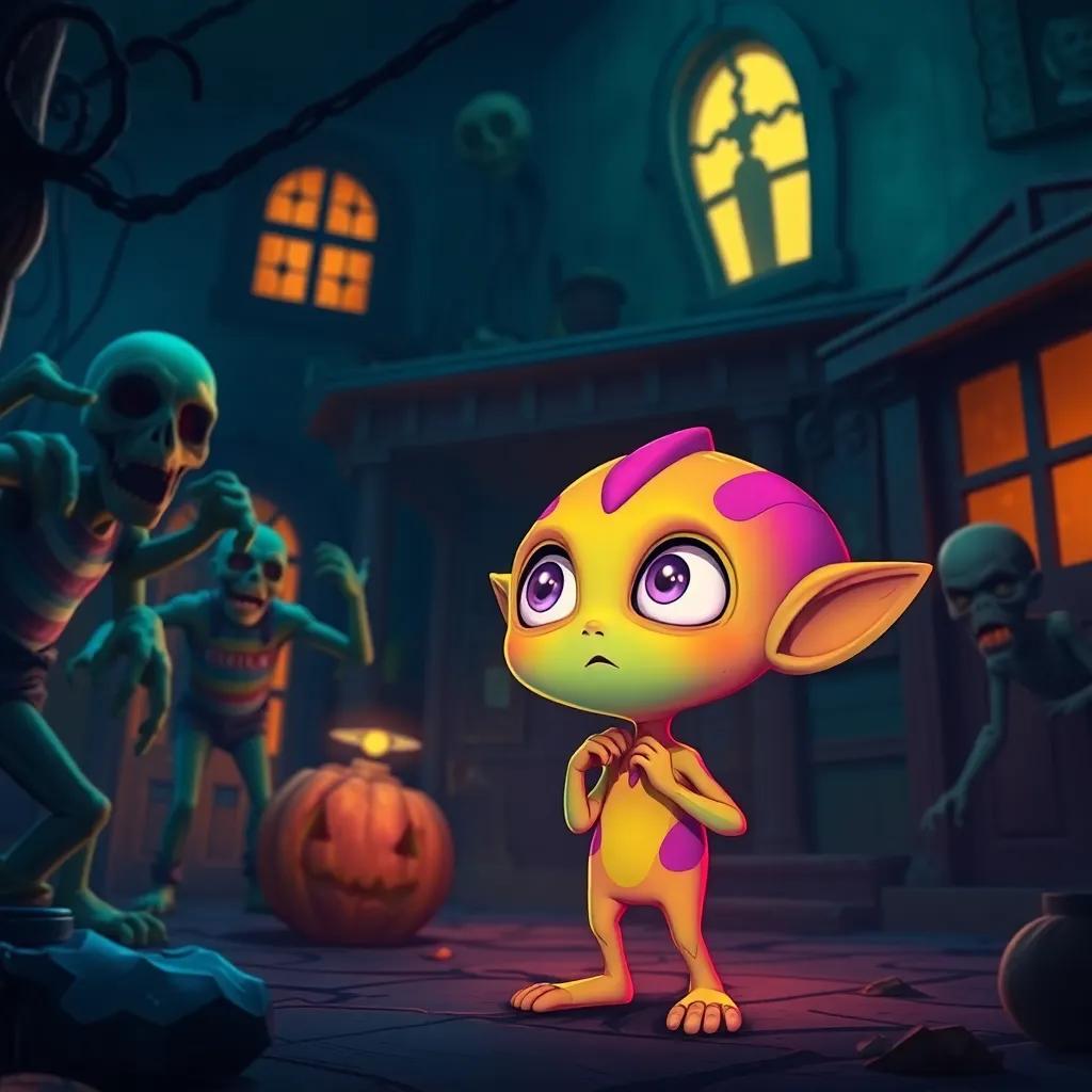 Zuzu the colorful alien looking scared in a spooky haunted house, with zombies and scary creatures lurking, dark and mysterious setting, bright colors contrasting with darkness, cartoon style, high quality