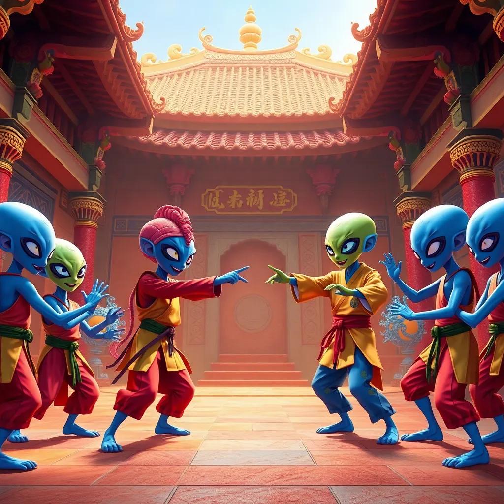 Inside an ancient martial arts temple, colorful aliens from the blue galaxy meeting earth trainers, practicing martial arts with joy, bright colors, warm lighting, cartoon style, high quality
