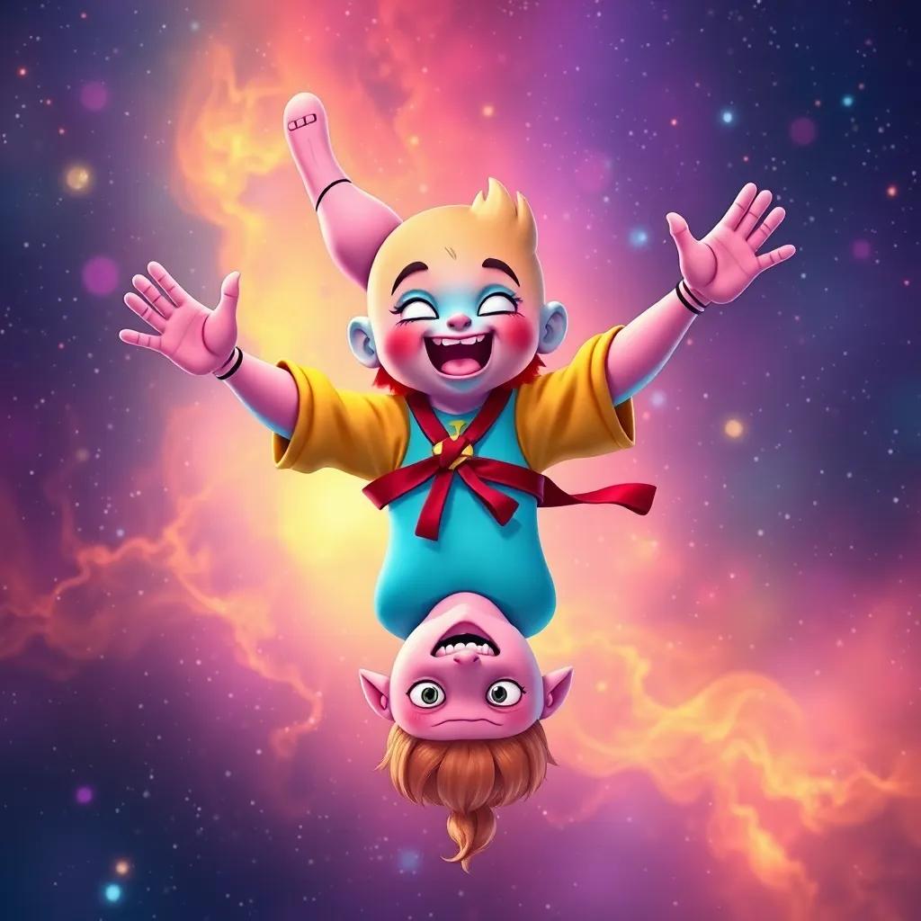 Zuzu with colorful skin, floating in the air and practicing martial arts with his friends, upside down, colorful cosmic background, fun and vibrant, cartoon style, high quality