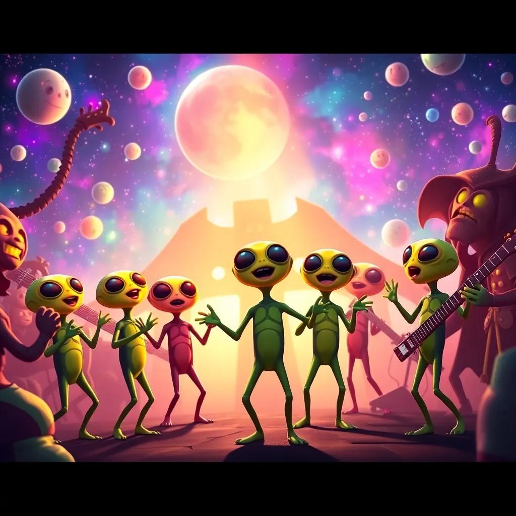Aliens singing and dancing during the fight against Dracula's crew, colorful and lively atmosphere, vibrant universe surrounding them, cartoon style, high quality