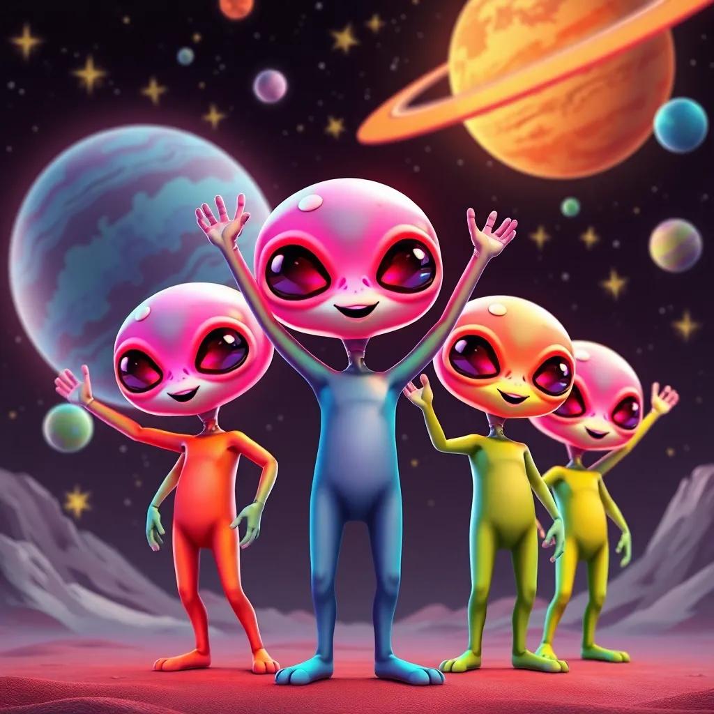 The colorful aliens with gleaming coral colors, standing victorious, surrounded by twinkling stars and planets, celebratory mood, bright colors, cartoon style, high quality