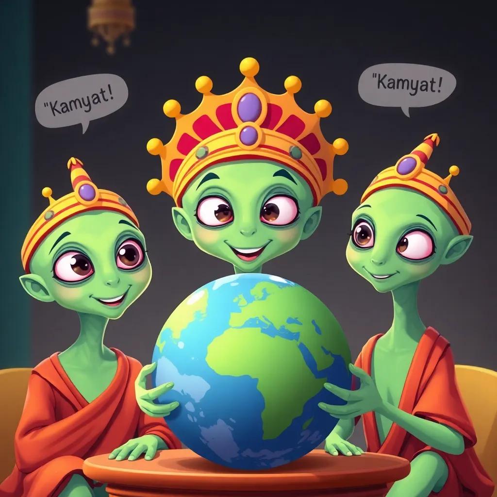 Aliens teaching Earthlings, wise expressions on their faces, showcasing concepts of 'Kamyat', cheerful and enlightening atmosphere, bright colors, cartoon style, high quality