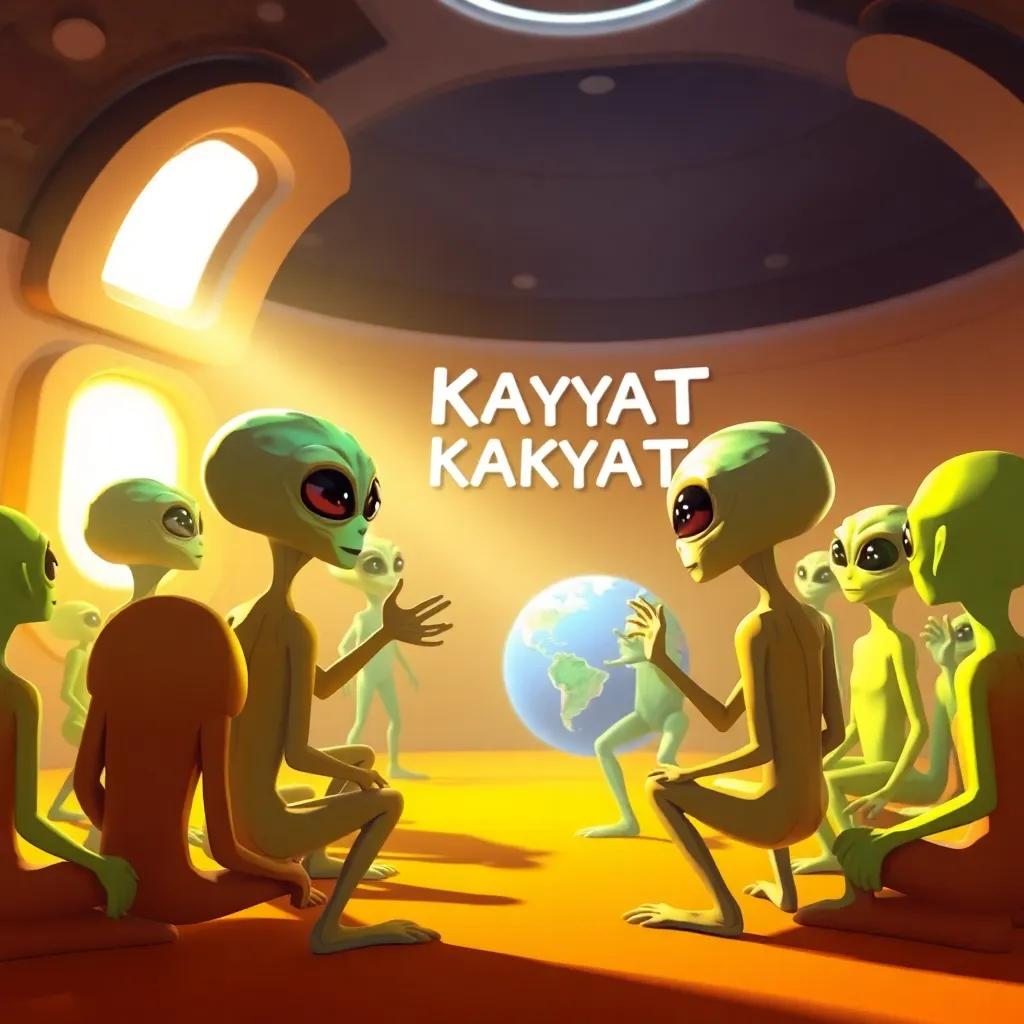 Aliens explaining the strange philosophy of 'Kamyat', surrounded by earthlings in a bright room filled with light, vibrant colors, cartoon style, high quality