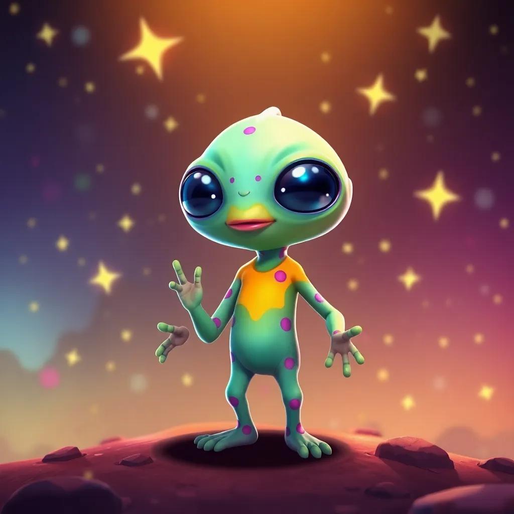 A colorful alien preparing for an intergalactic journey to the dancing galaxy, stars twinkling around, vibrant and energetic atmosphere, cartoon style, high quality