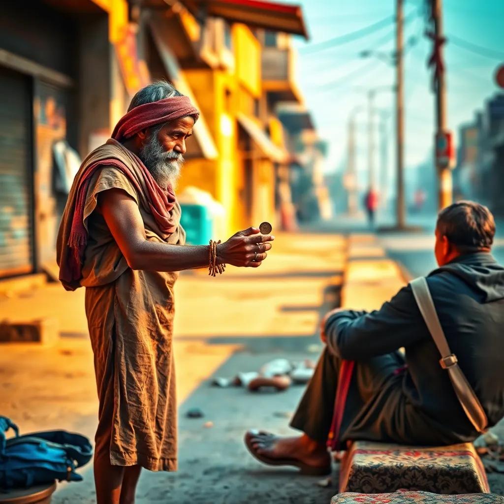 A poor man named Hassan, wearing simple, tattered clothes, looking empathetic as he hands a single coin to a stranger sitting on the roadside, warm light, street background, digital art, vibrant colors, heartwarming scene, inviting atmosphere