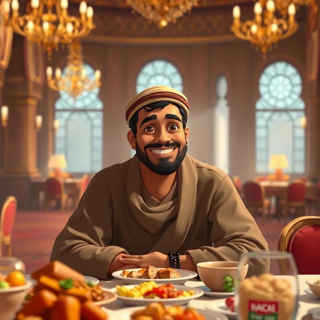 A poor man named Ali, an Arab man in his 30s, wearing simple clothes, sitting at a dining table in a grand palace with delicious food, smiling and looking content, warm lighting, friendly atmosphere, realistic illustration, high quality