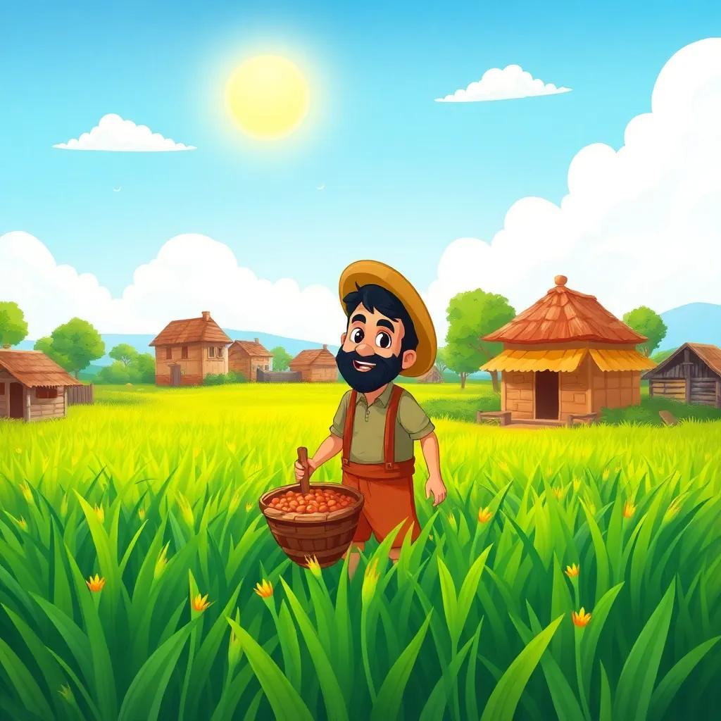 A small village scene with a bright sunny sky, showcasing a hardworking farmer named Ahmad in the middle of a lush green field, digital art, vibrant colors, cheerful atmosphere, high quality