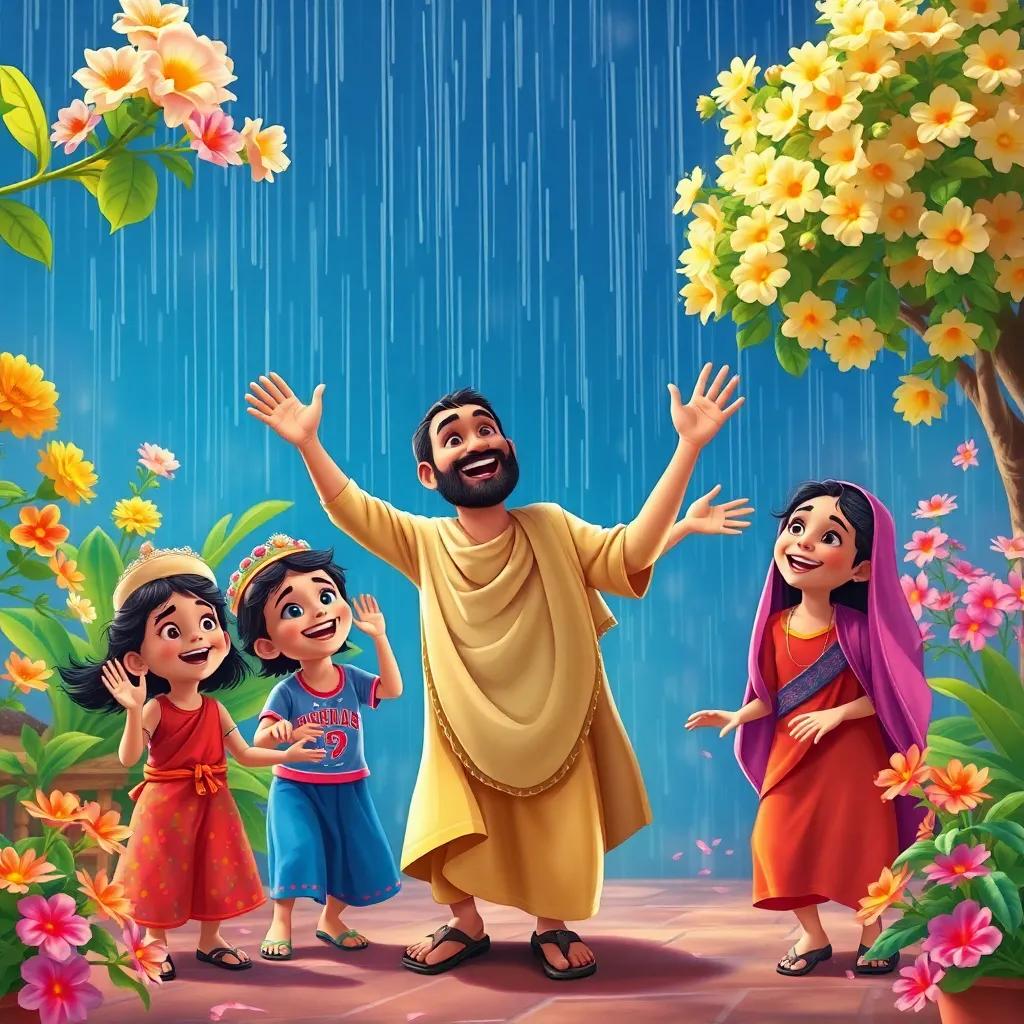 Ali joyfully dancing under the rain with his children, wearing a dishdasha, surrounded by blooming plants and trees, joyful expressions, colorful and lively setting, high quality, digital painting
