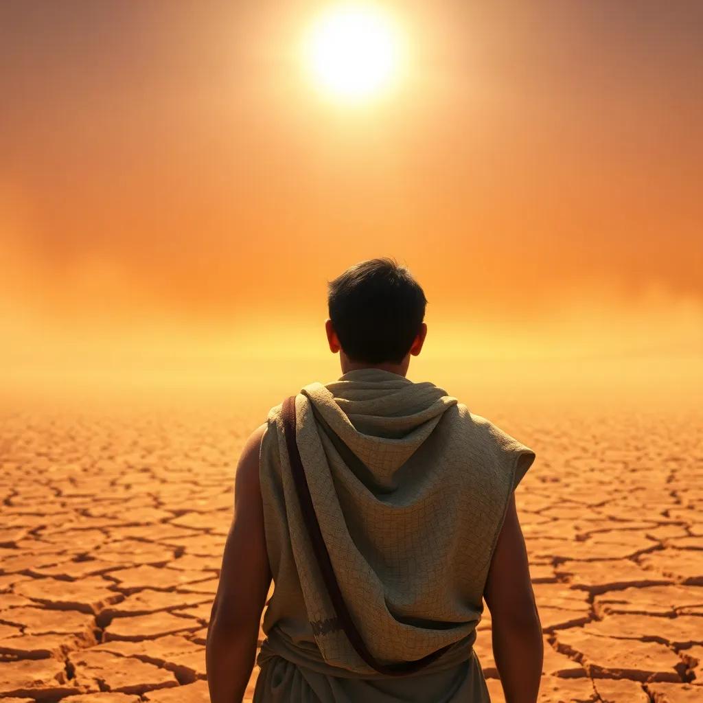 Ali facing a dry, cracked field under a hot sun, still determined, wearing a dishdasha, showing determination in his expression, dusty landscape, high quality, digital art