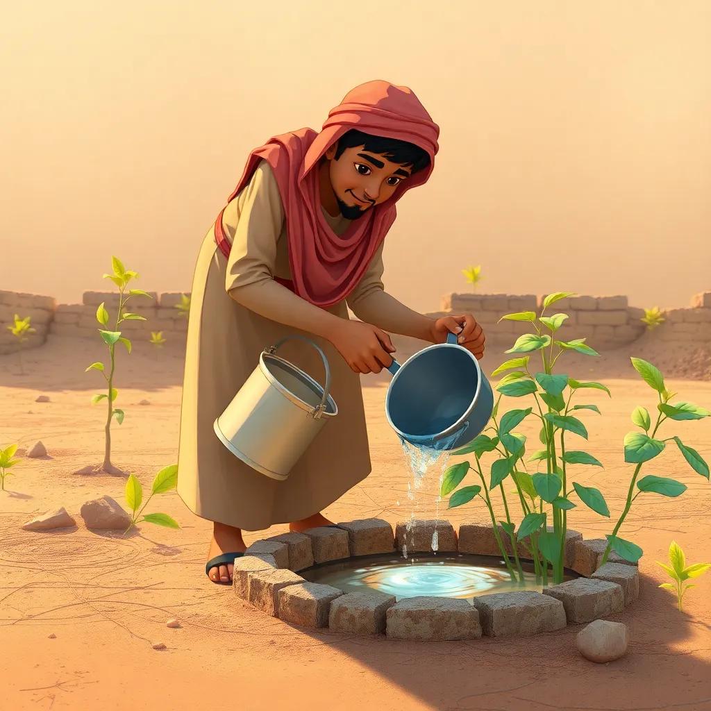 Ali watering the plants using a bucket from a well, wearing a dishdasha, the ground is still dry, focus on his effort and patience, warm natural light, high quality, digital illustration