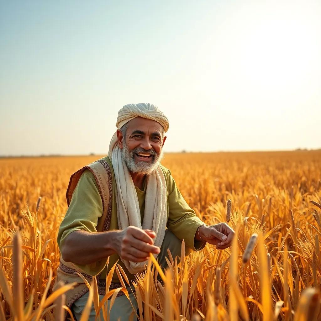 A middle-aged Egyptian farmer in traditional clothes, happily planting seeds in a golden field under the sun, vibrant colors, cheerful atmosphere, high quality