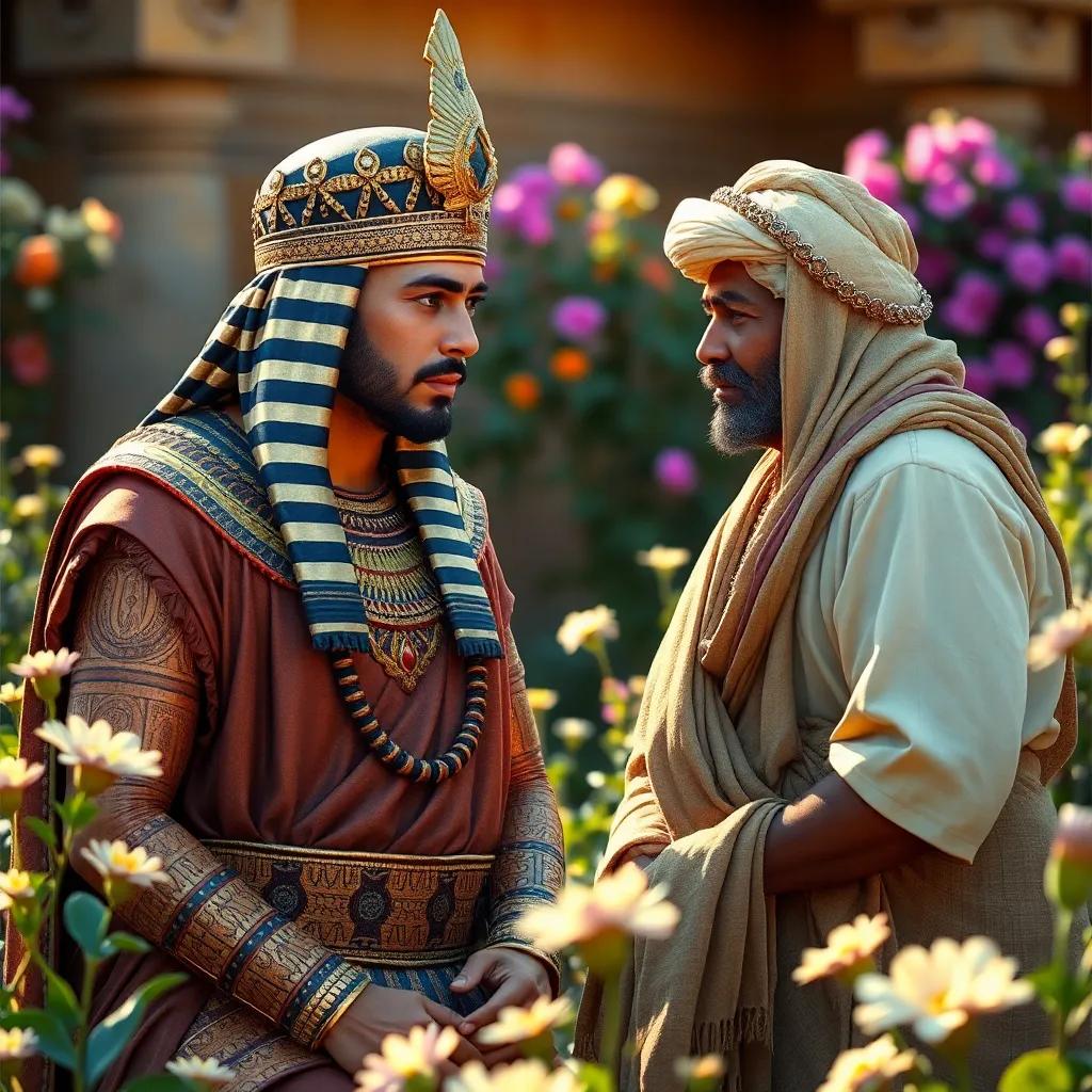An Egyptian king in regal attire, listening intently to a clever farmer in traditional clothes, surrounded by a blooming garden, detailed digital art, warm light, inviting scene