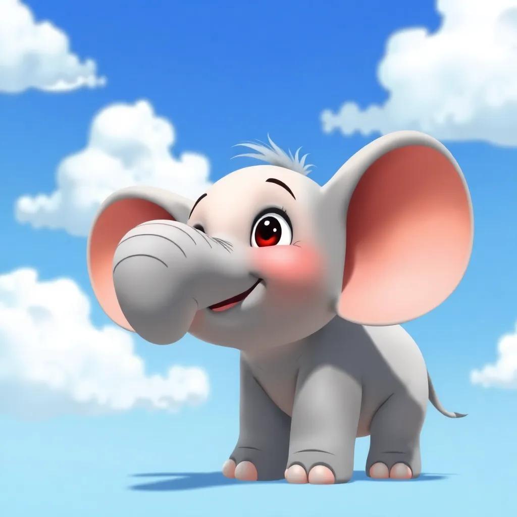 A young elephant named Polly, with grey skin and big ears, looking up at a bright blue sky with clouds, whimsical style, digital art, colorful, cheerful atmosphere, high quality
