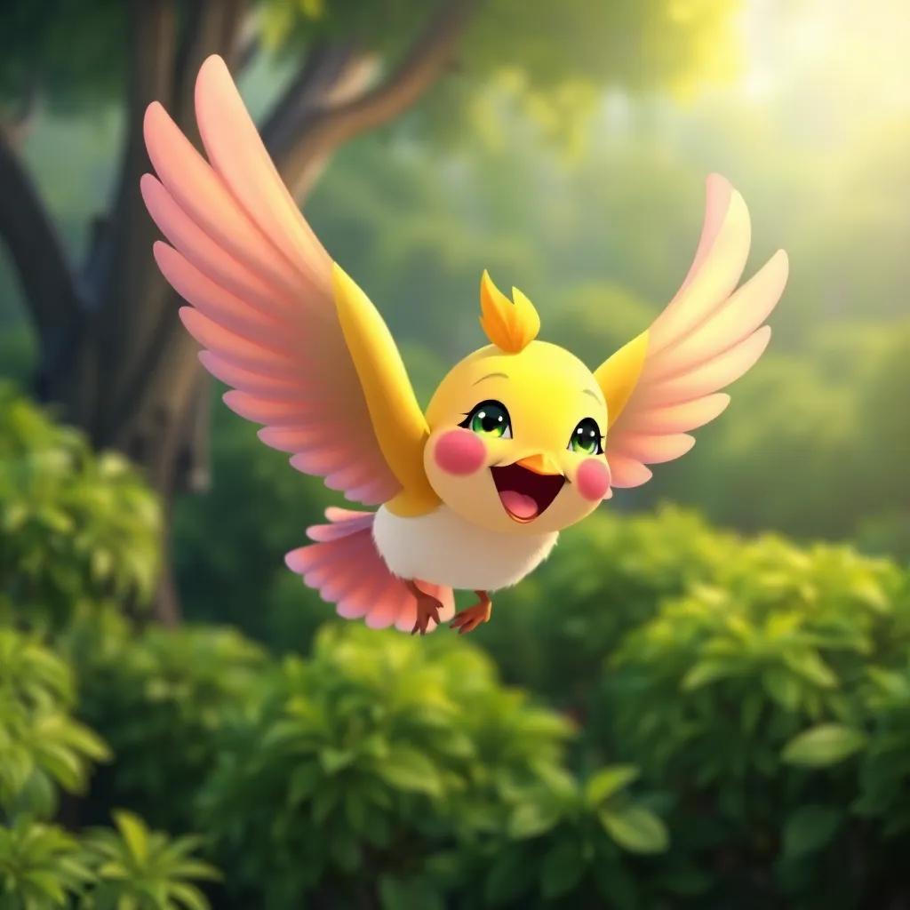 A beautiful little bird named Mia, with bright feathers, flying above a green forest, joyous expression, illustration, vibrant colors, friendly atmosphere, child-friendly