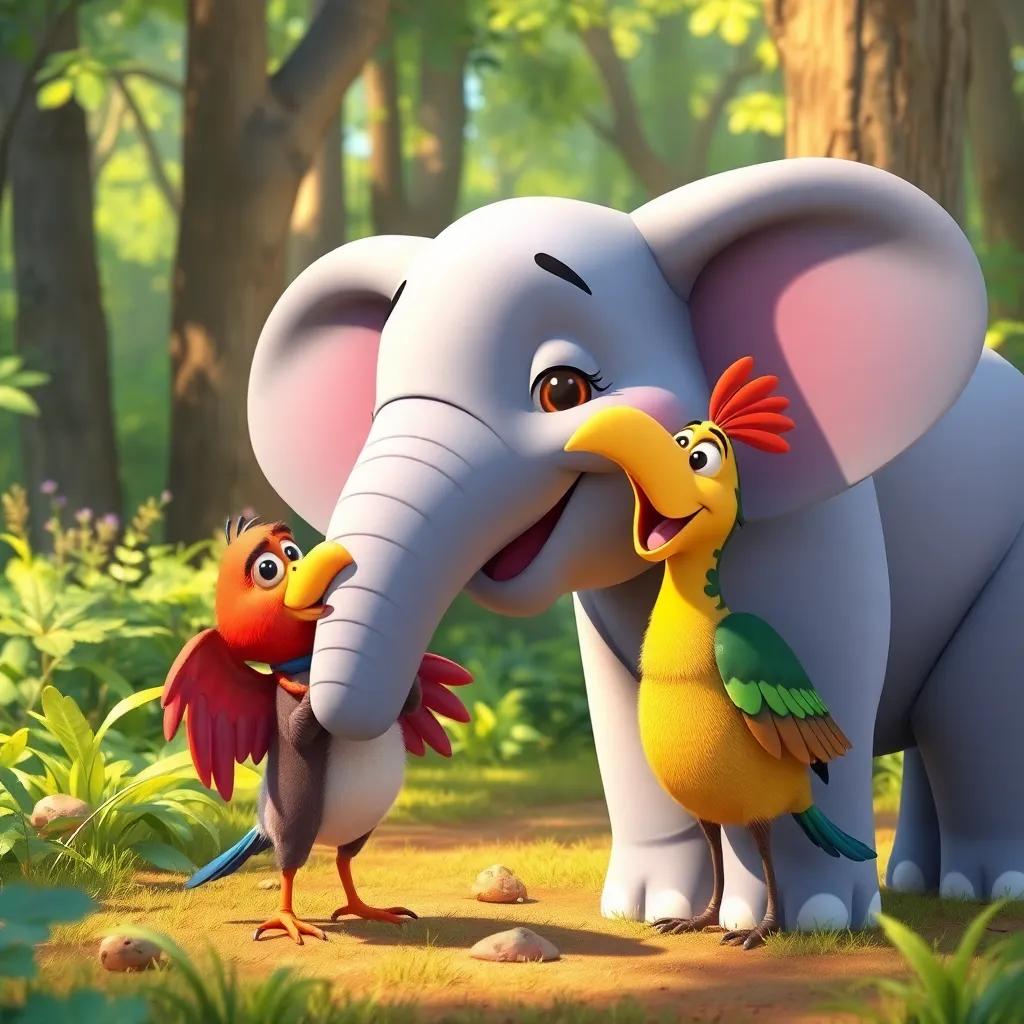A happy scene in the forest with Polly the elephant and his new friend, a colorful bird named Scooby, playing together, cheerful setting, bright sunlight, playful mood, warm light