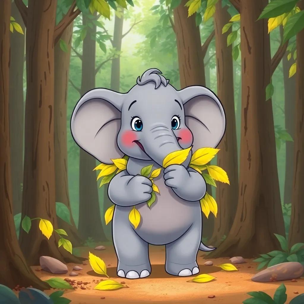Polly the elephant trying to tie leaves around his body, looking determined but clumsy, surrounded by forest trees, illustration, cute and funny style, colorful scene, high quality