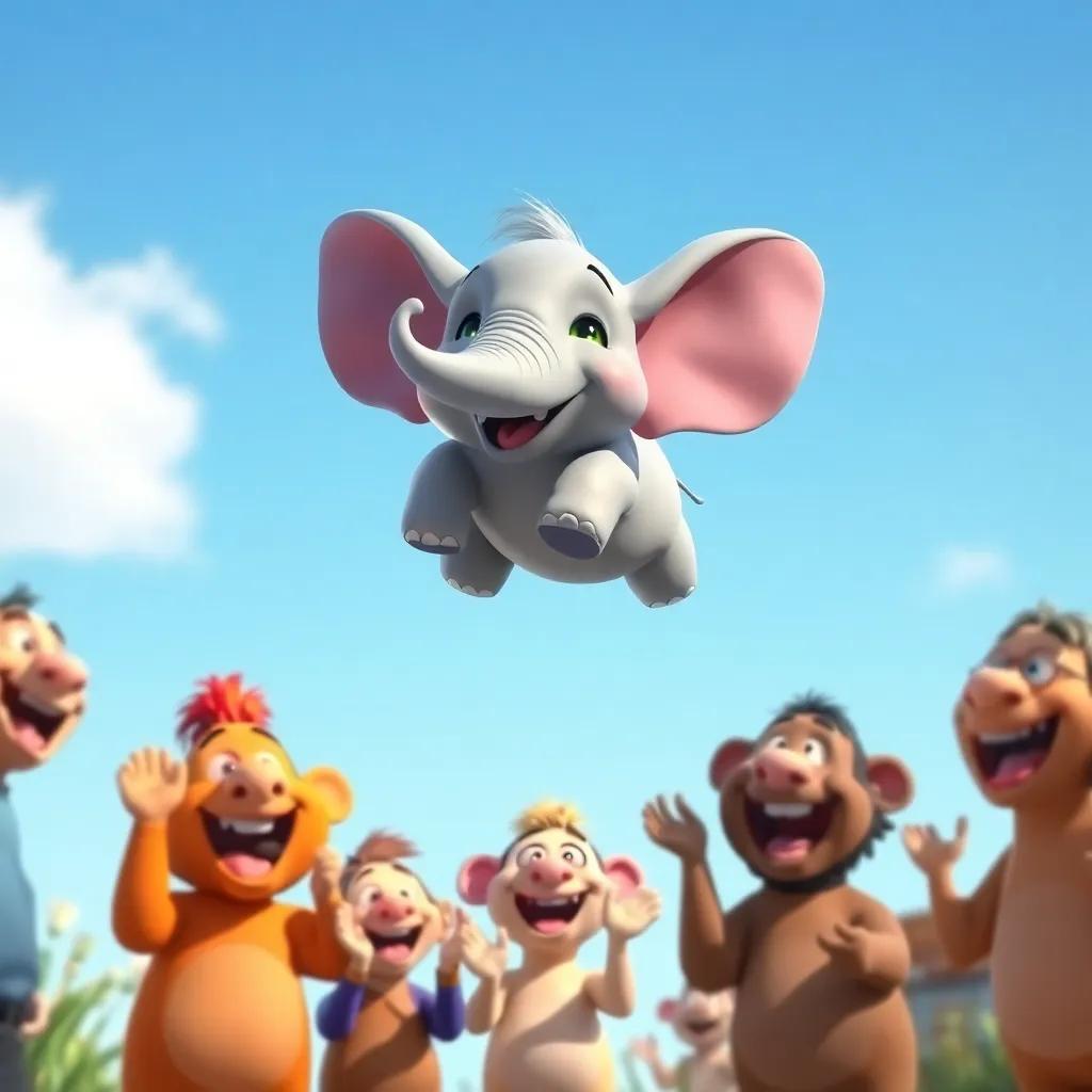 Polly the elephant flying a little above the ground with a big smile, his friends cheering below, clear blue sky, joyous and whimsical mood, digital art, uplifting