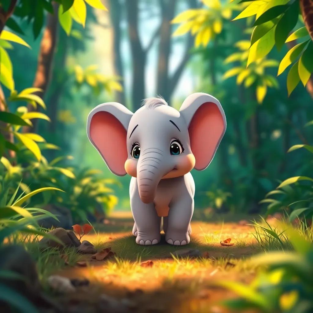 A small baby elephant named Mimo with big ears, searching in a lush green forest, feeling worried but hopeful, digital art, bright colors, warm sunlight, cheerful perspective, high quality