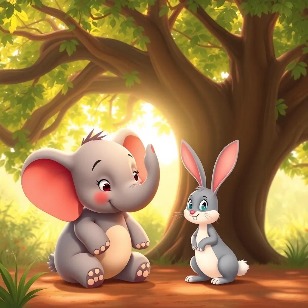 Mimo the elephant and the rabbit talking with a big tree in the background, sunlight filtering through leaves, cheerful atmosphere, illustration, warm colors, child-friendly, high quality