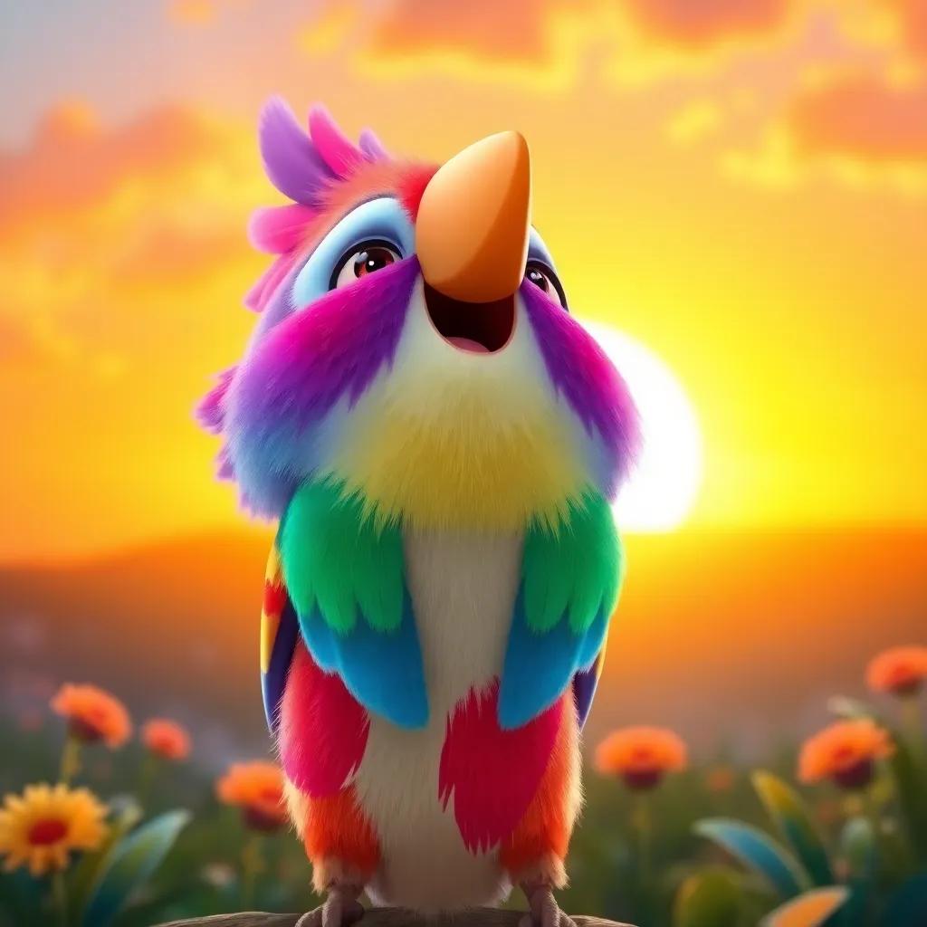 A colorful bird singing joyfully in front of Mimo, with a beautiful sunrise in the background, bright and inviting colors, uplifting feeling, vibrant digital art, high quality