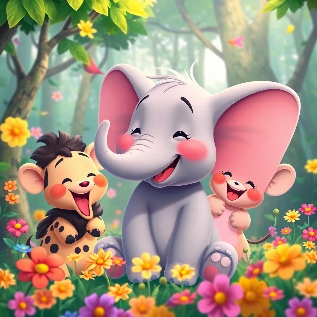 Mimo the elephant singing happily with friends, vibrant forest around them, colorful flowers dancing in the breeze, joyful expressions, child-friendly illustration, high quality