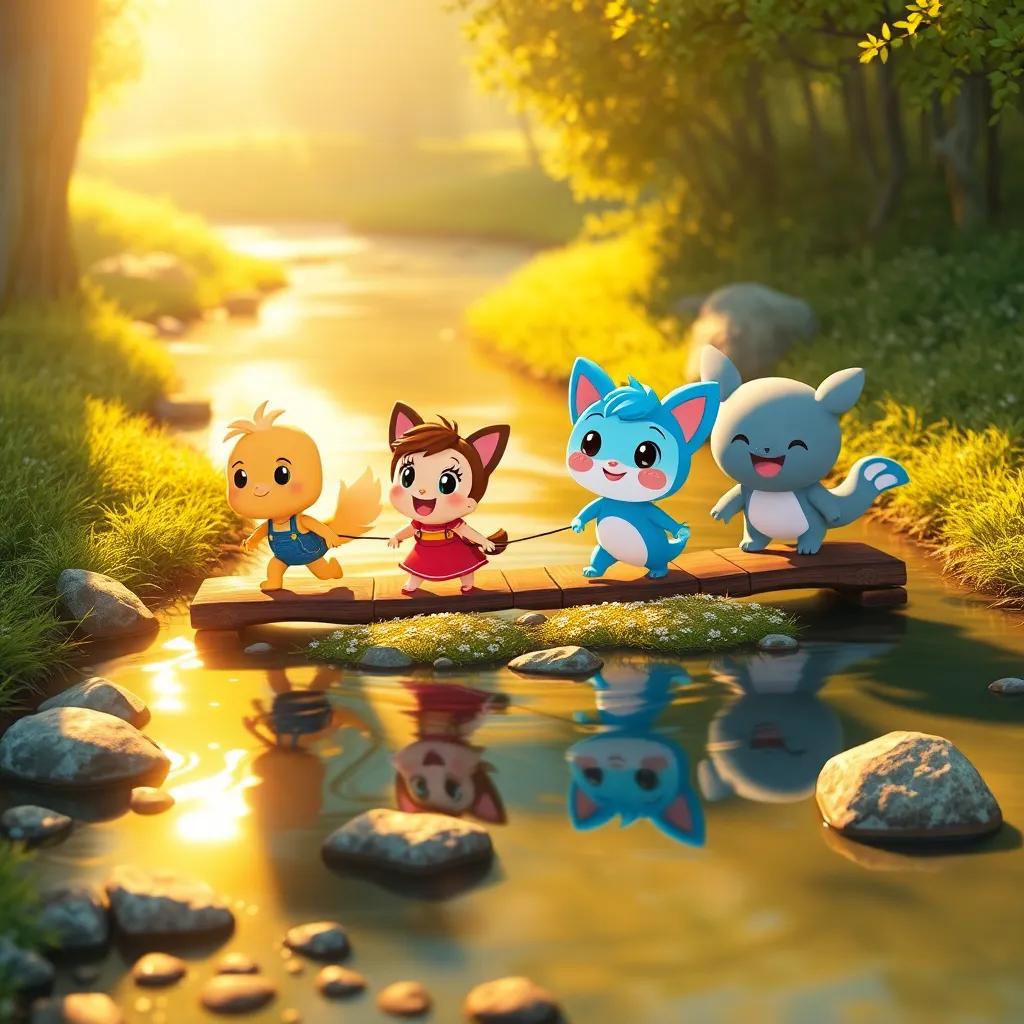 Mimo and friends crossing a small river together, teamwork visible, warm sunlight reflecting on the water, cheerful setting, colorful digital art, high quality
