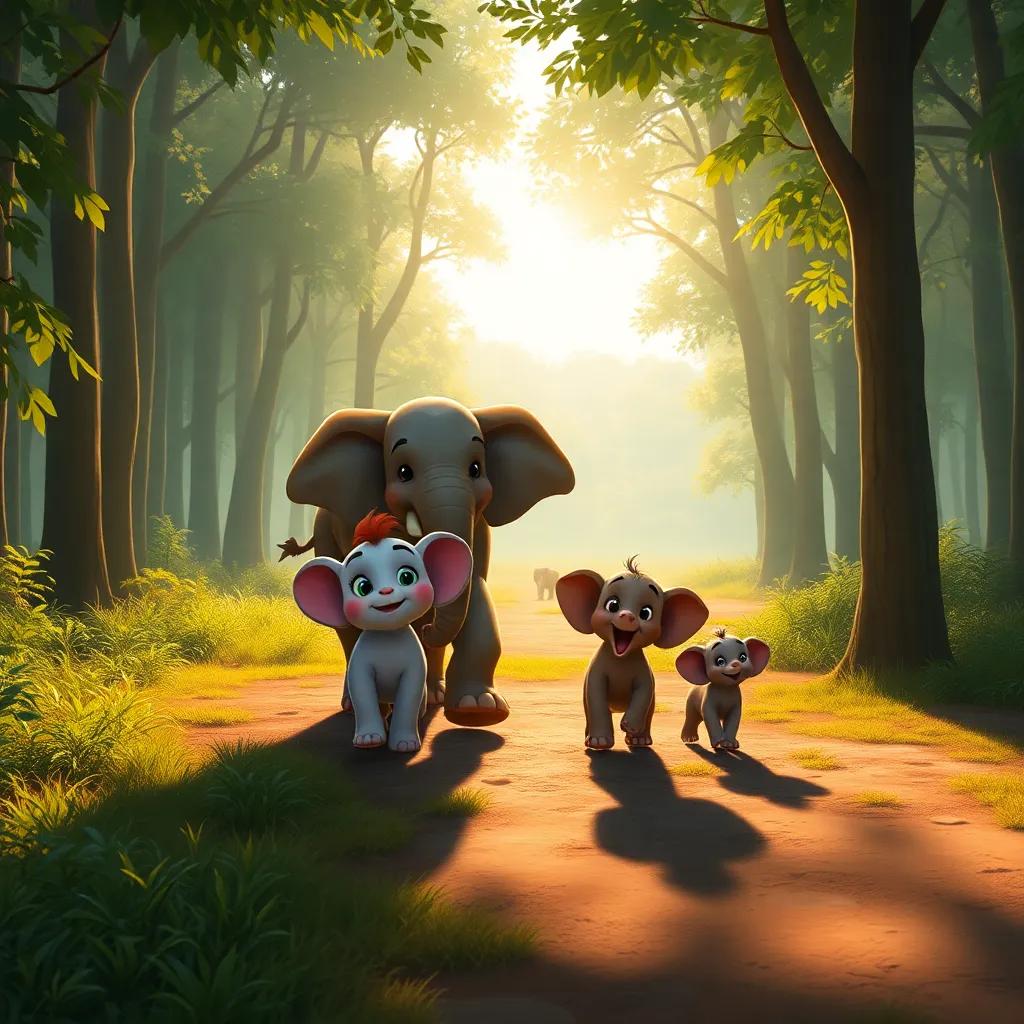 Mimo and his friends reaching the edge of the forest, feeling excitement and anticipation, a faint outline of other elephants in the distance, bright sunlight, high quality