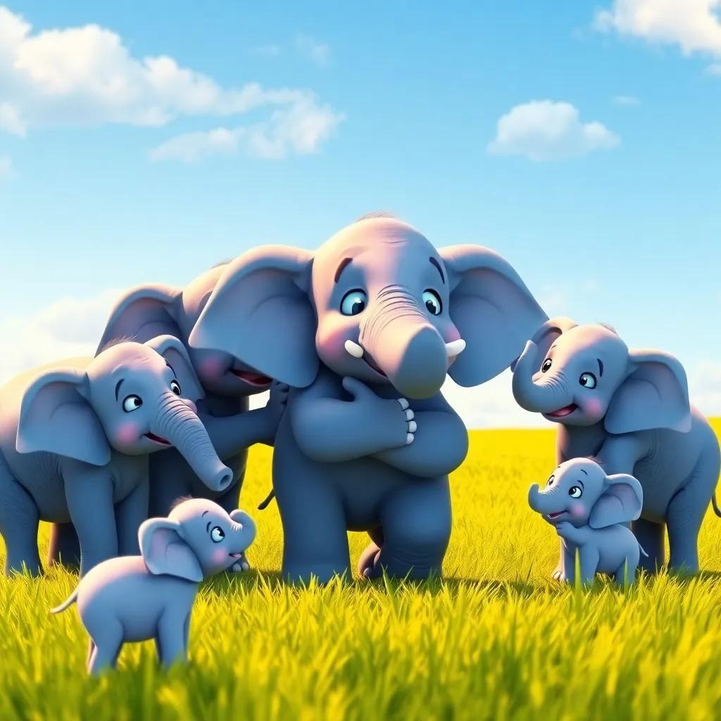Mimo the elephant reuniting with his family, all elephants embracing joyfully, bright green grass and blue skies, heartwarming scene, vibrant colors, digital art, high quality