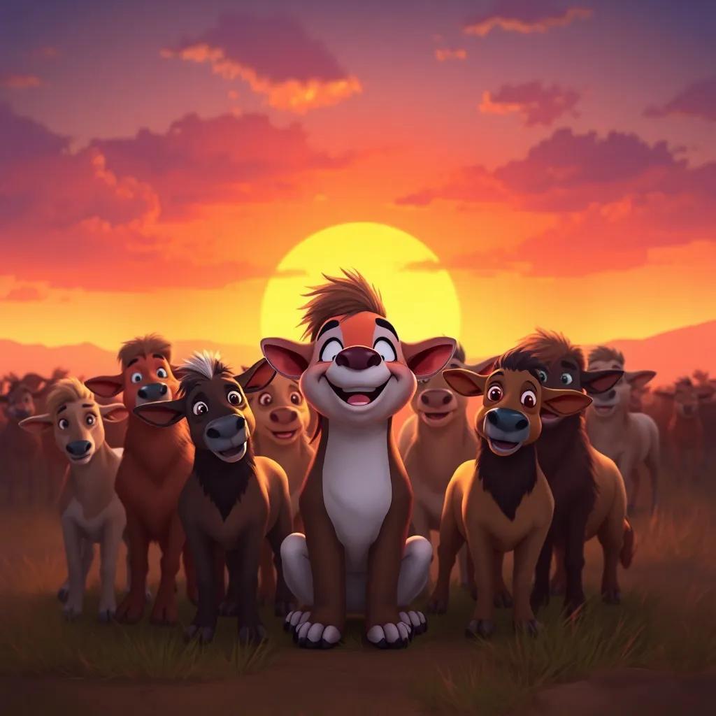 Mimo happily surrounded by his herd, with a beautiful sunset in the background, celebrating the value of friendship and loyalty, warm and inviting colors, digital painting, high quality