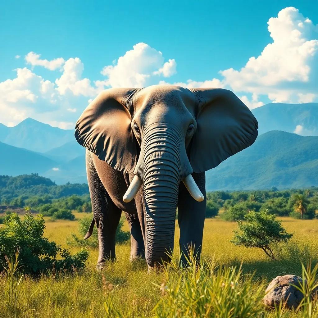 A large elephant in a lush green landscape, looking gentle and wise, with mountains in the background under a bright blue sky, digital art, soothing colors, uplifting atmosphere, high quality