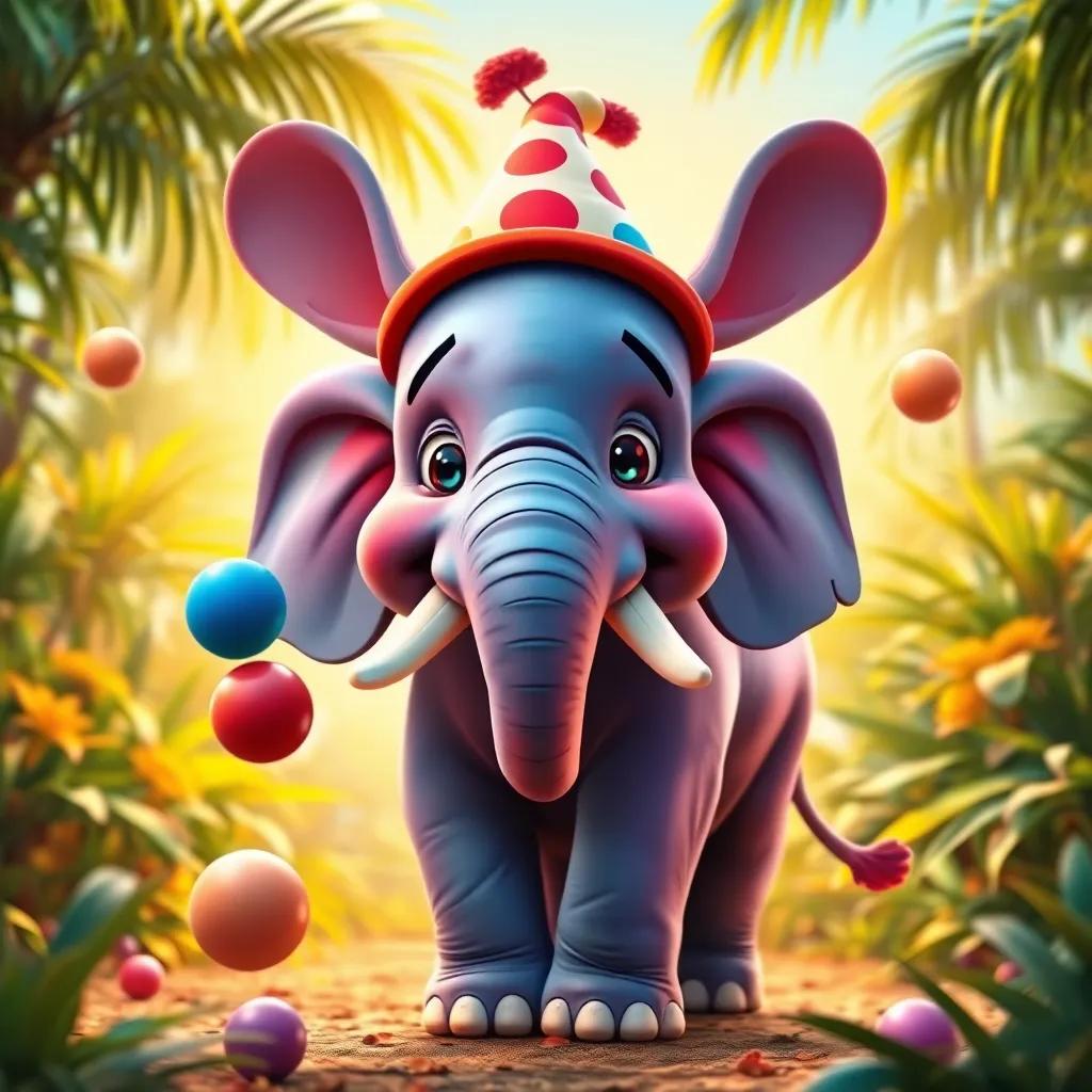 A cheerful elephant, Mimo, with bright colors and big ears, wearing a clown hat and juggling balls in a sunny jungle, digital art, vivid and playful, joyful atmosphere, high quality