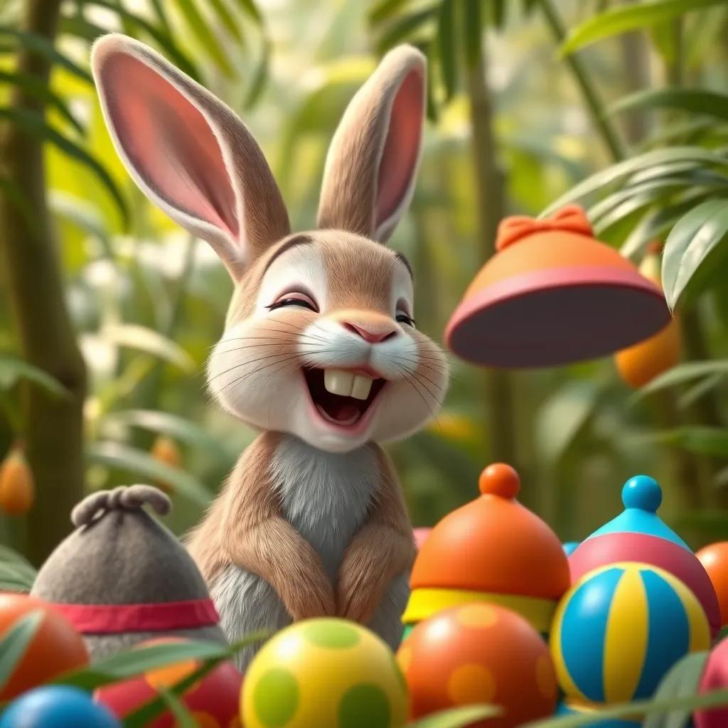 An adorable rabbit, Jaban, wearing a colorful cap, laughing while helping Mimo set up colorful hats and funny balls in the jungle, illustration, cheerful and engaging, bright environment, high quality
