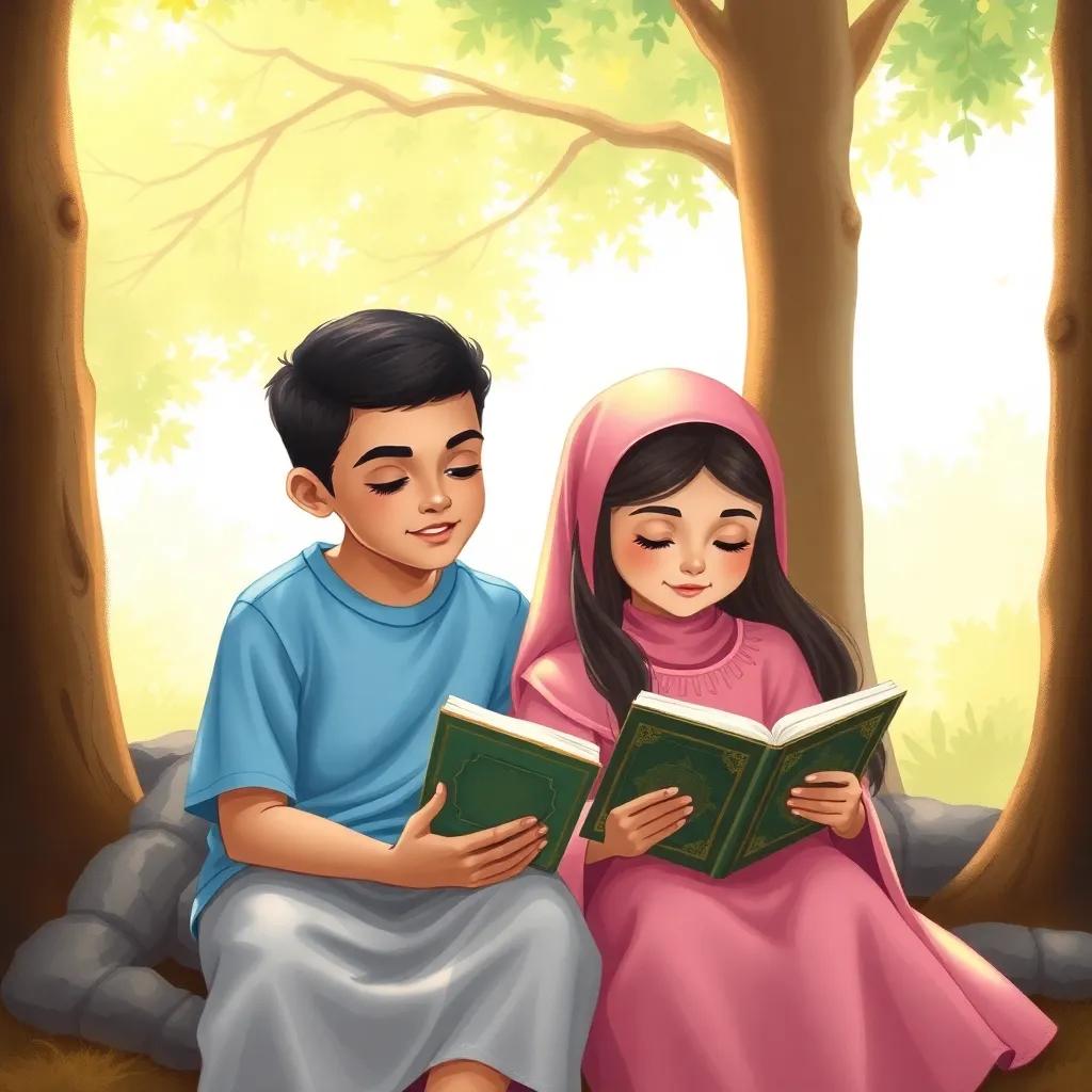 Sami, a young Arab boy with short black hair in a blue t-shirt, and Zahra, a young Arab girl with long black hair in a pink dress, sitting close together reading Quran, surrounded by trees and bright sunlight, illustration, calm, enlightening scene, child-friendly