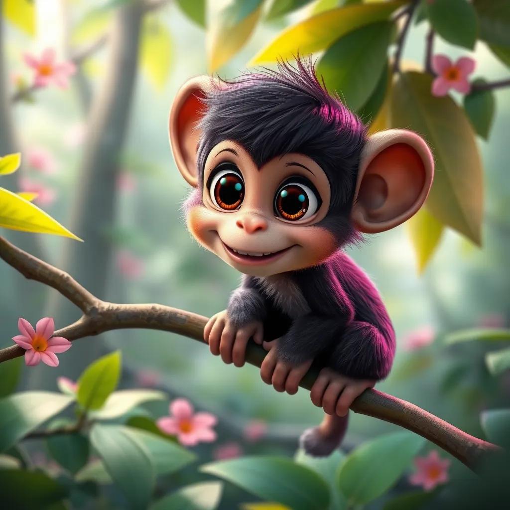 A small monkey named Mimo, with big eyes and a playful smile, sitting on a branch in a lush green forest, vibrant leaves and flowers, digital art, bright colors, joyful atmosphere, high quality