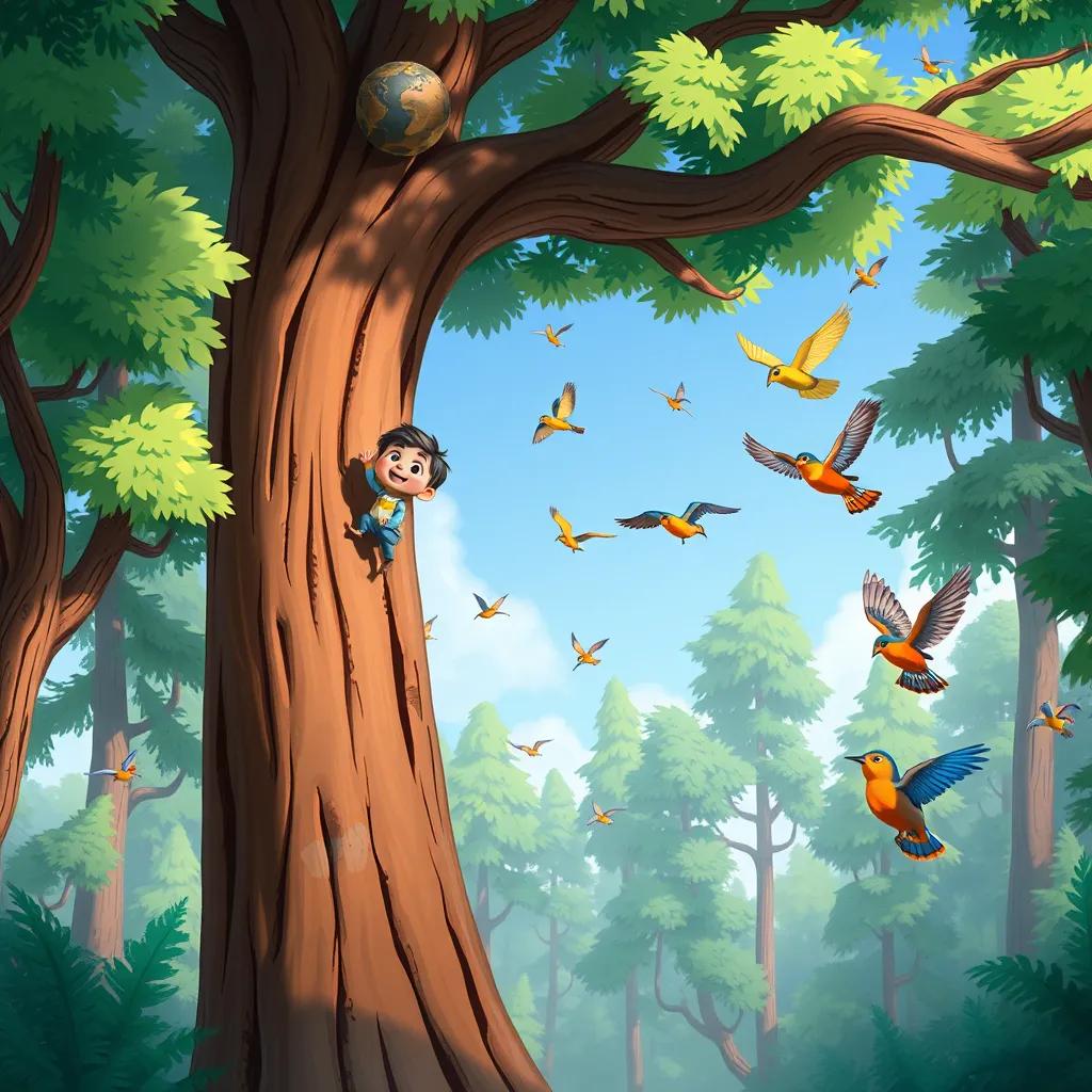 A tall tree in the forest, with Mimo climbing it excitedly, surrounded by colorful birds flying around, detailed illustration, cheerful, adventure-themed, child-friendly