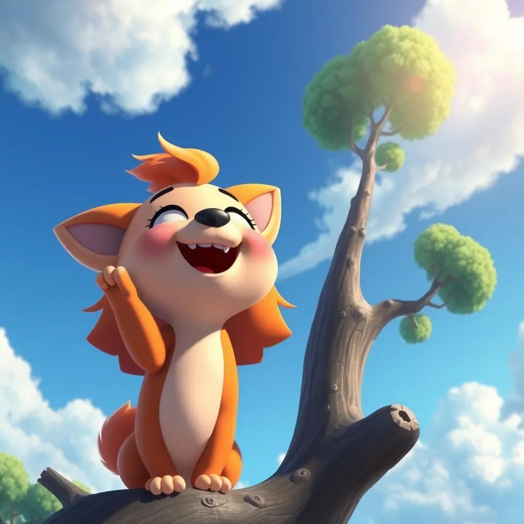Mimo at the top of the tree, gazing happily at beautiful views with a big smile, bright blue sky and fluffy clouds, digital painting, uplifting, vibrant scenery